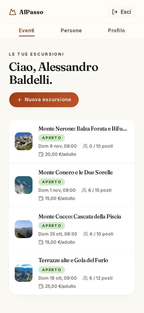 Elenco delle escursioni della guida, ognuna con foto, data e posti occupati.