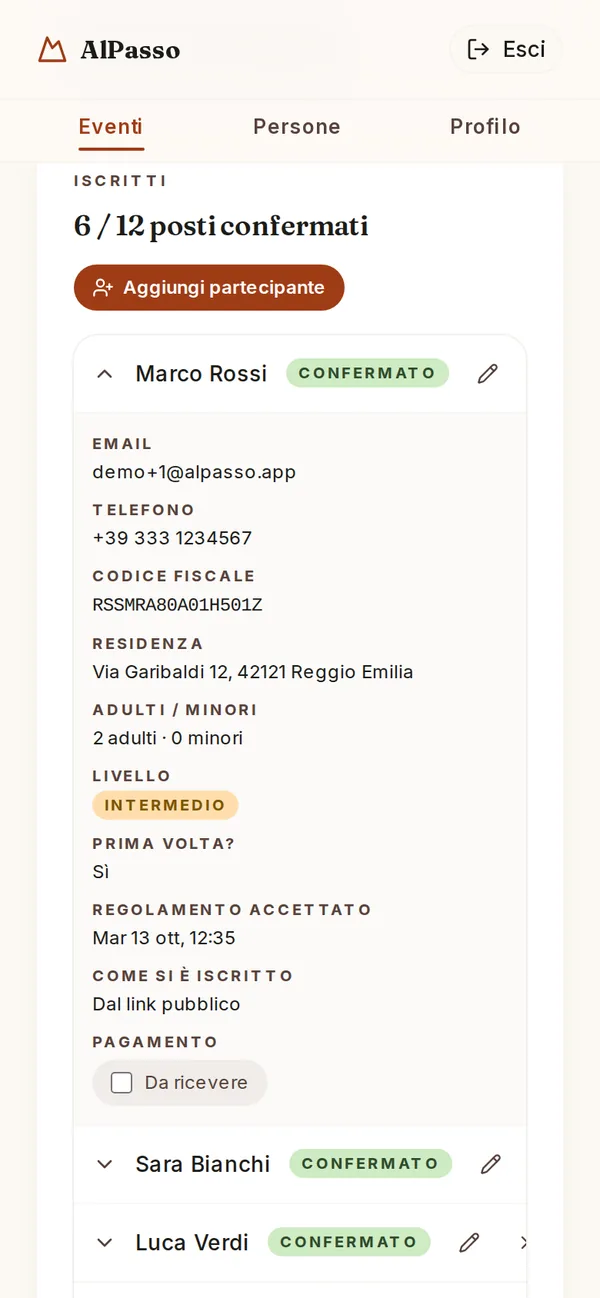 Scheda di un iscritto: contatti, livello, regolamento accettato, pagamento da ricevere.