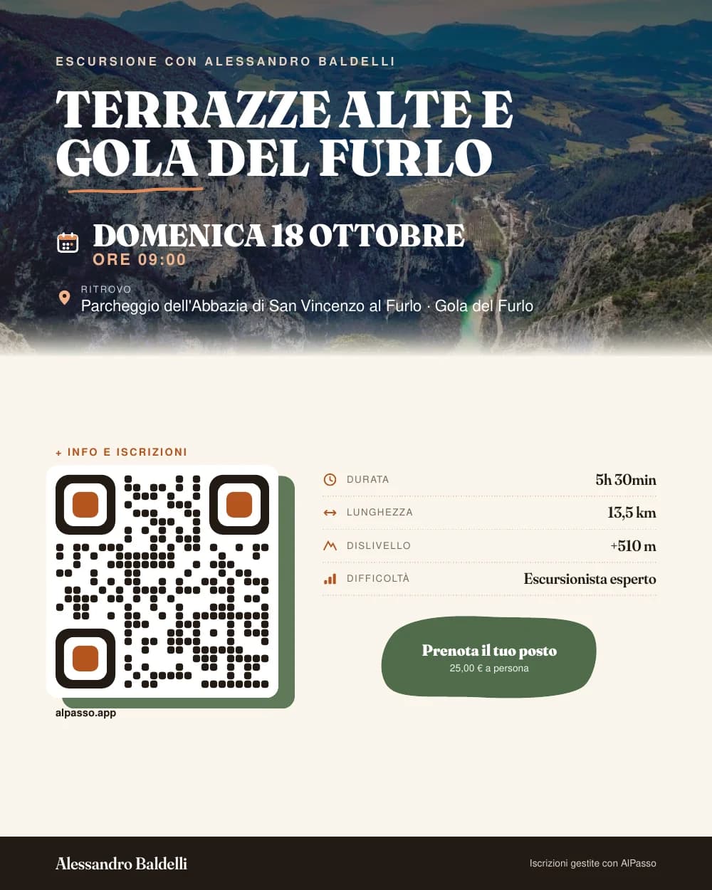 Locandina generata da AlPasso: Terrazze alte e Gola del Furlo, domenica 18 ottobre ore 9, con QR code.
