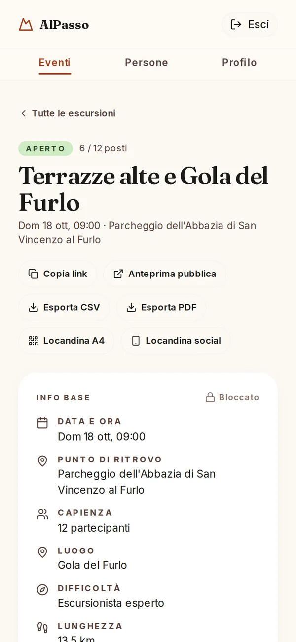 Scheda dell'escursione vista dalla guida, con i pulsanti Copia link, Esporta e Locandina.
